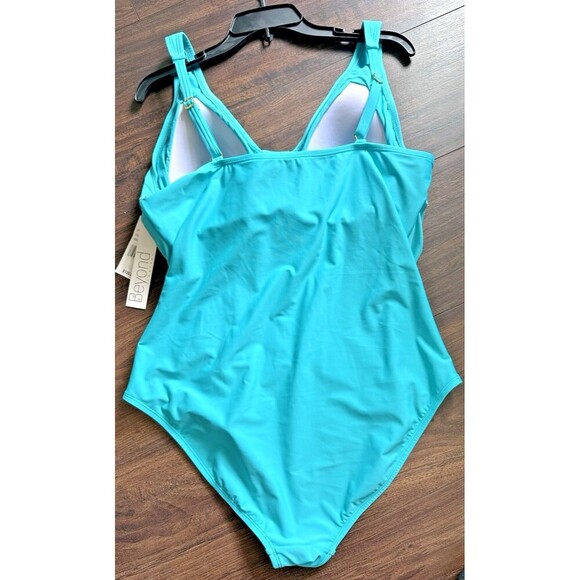 Beyond Control Women's Solid V-Neck Button-Detail One-Piece Swimsuit BlueTeal 14 - Picture 6 of 10